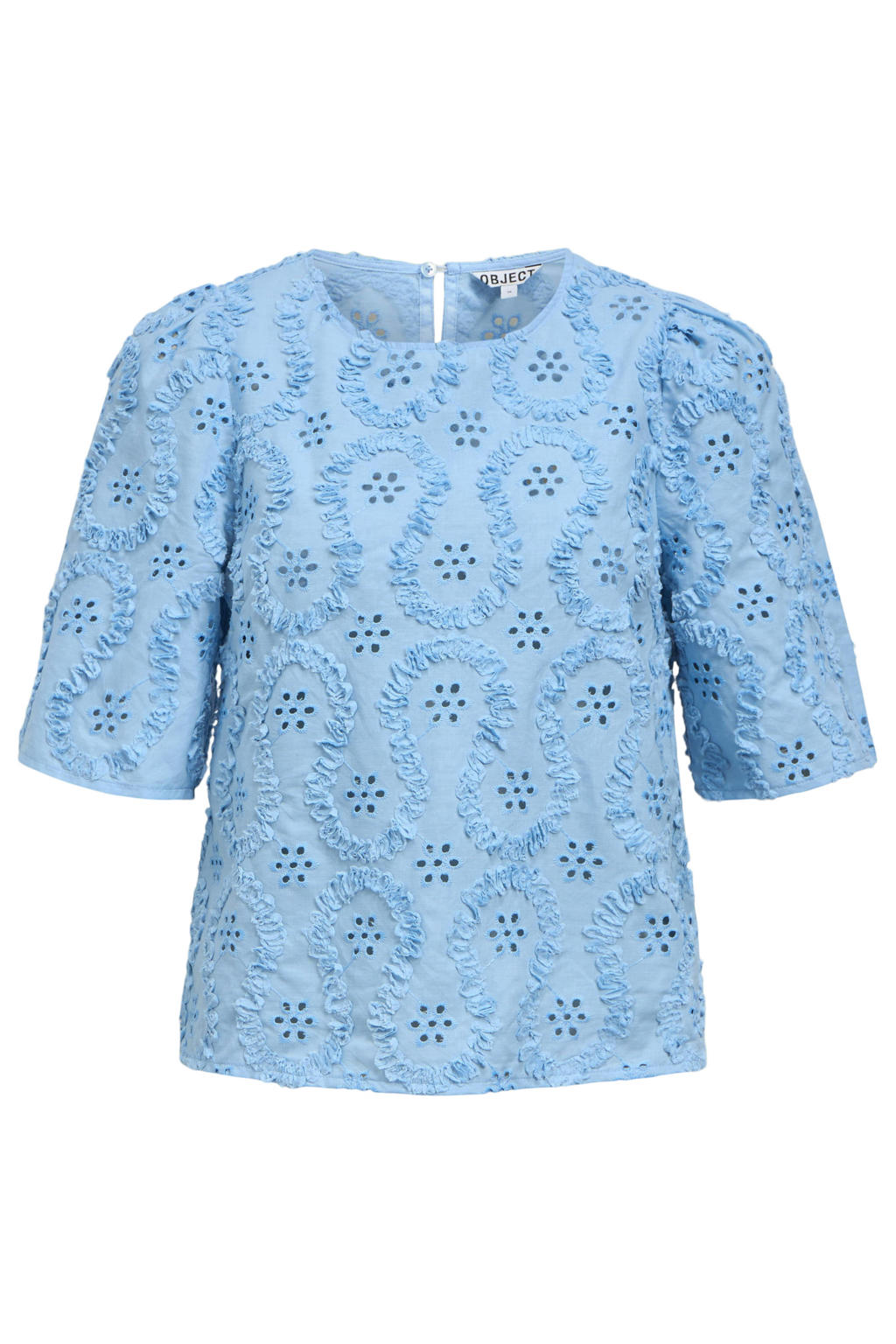 Blauwe dames OBJECT top broderie met effen, korte mouwen en ronde hals