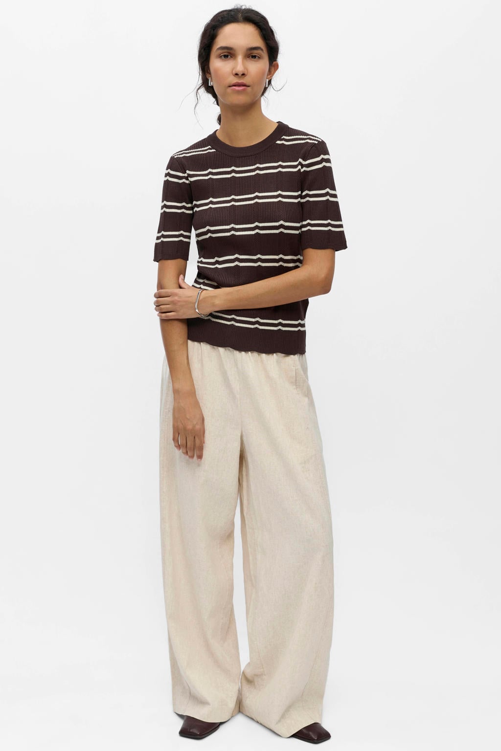 Bruin en ecru dames OBJECT gestreepte top van viscose met korte mouwen, ronde hals en mesh