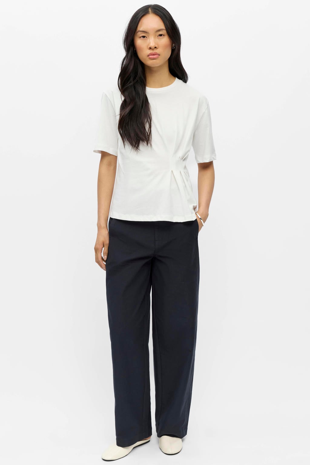 Witte dames OBJECT T-shirt van katoen met effen, korte mouwen, ronde hals en plooien