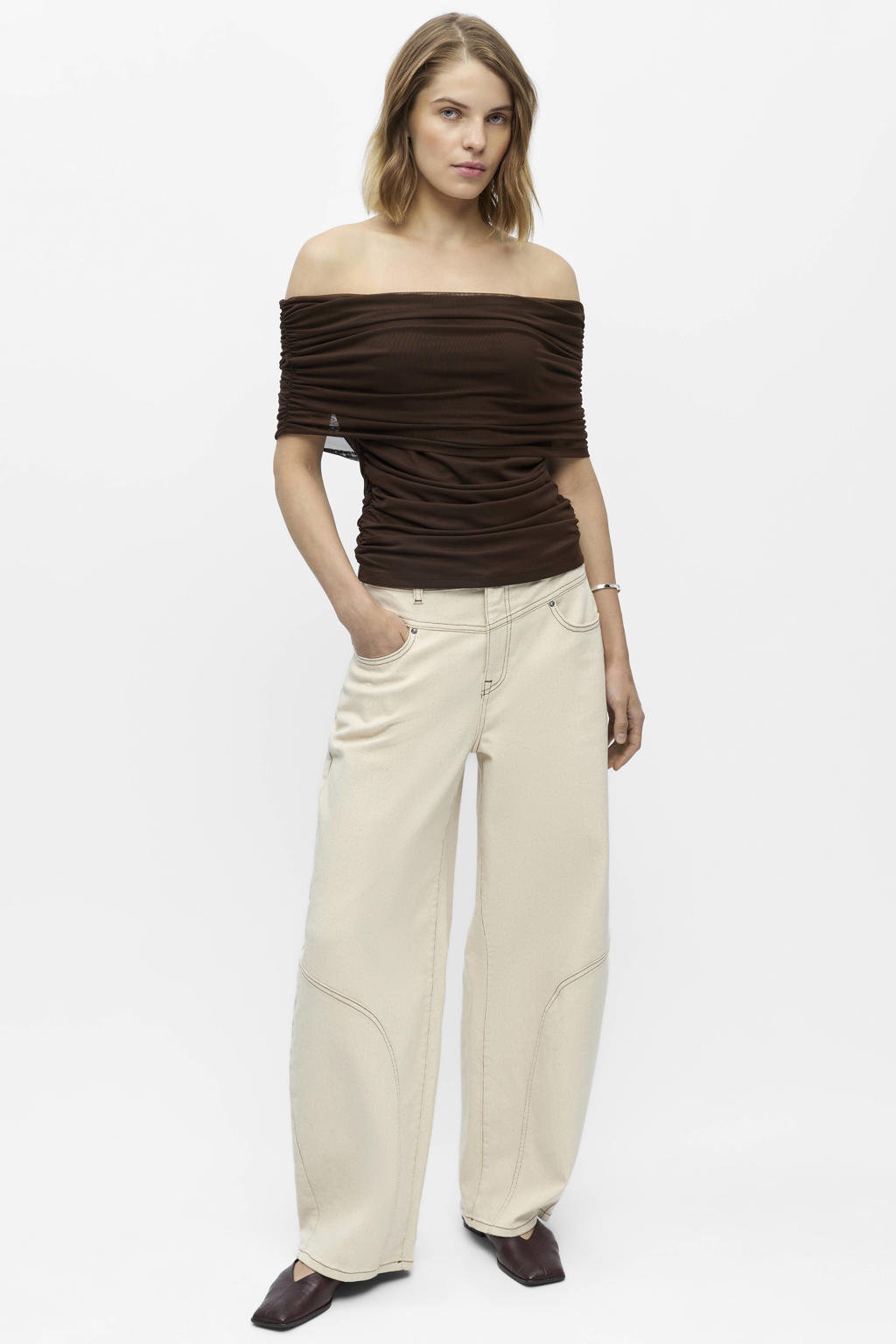 Bruine dames OBJECT top van polyester met effen, korte mouwen en off shoulder hals