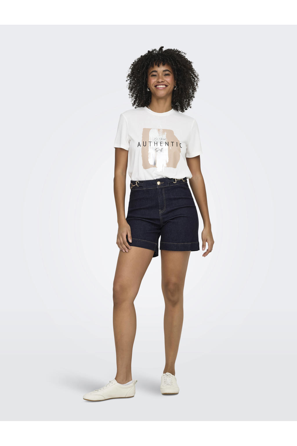 Dark blue denim dames ONLY skinny high waist casual short dark blue van katoen met rits- en knoopsluiting en effen