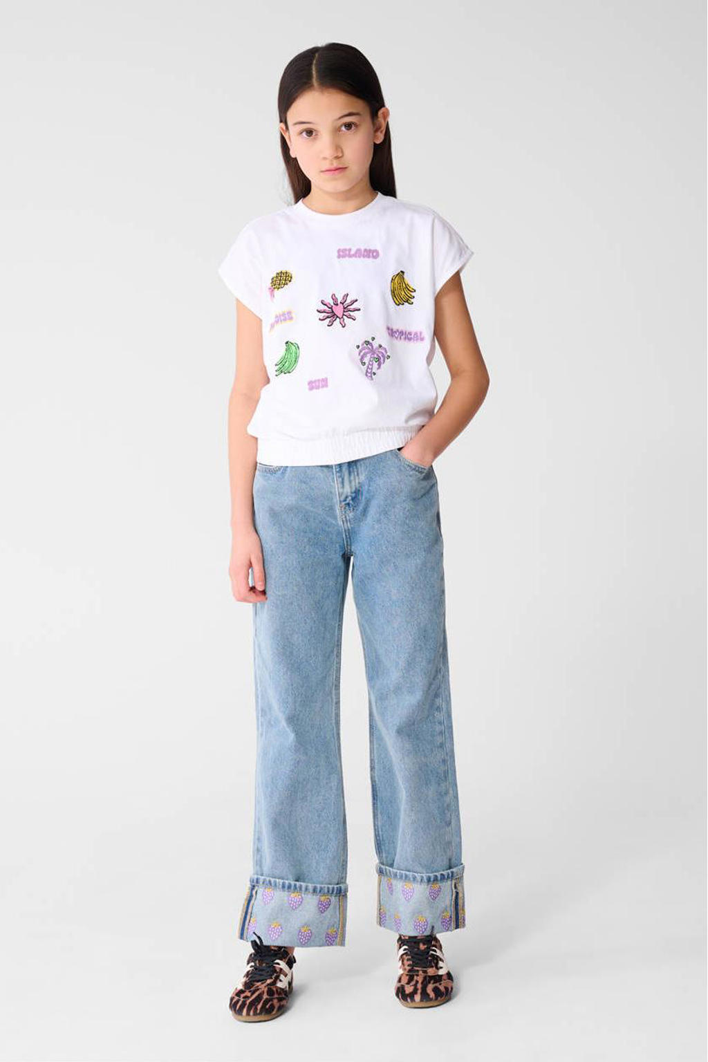 Witte meisjes Shoeby T-shirt van katoen met effen, korte mouwen, ronde hals en borduursels