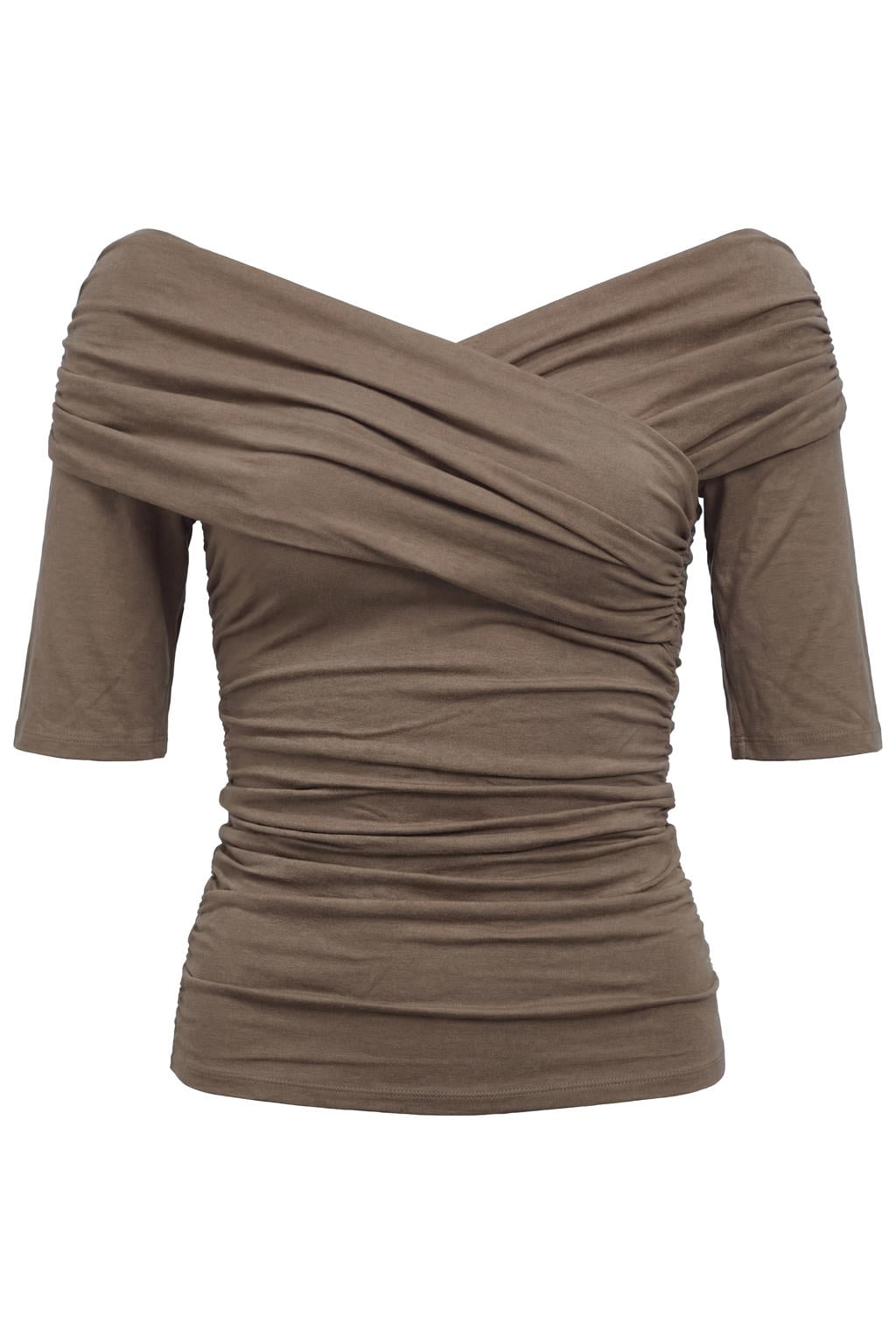 Kakikleurige dames OBJECT top van viscose met effen, korte mouwen, V-hals en gebreide details