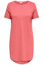 thumbnail: Koraalrode dames ONLY CARMAKOMA T-shirtjurk van katoen met effen, korte mouwen en ronde hals
