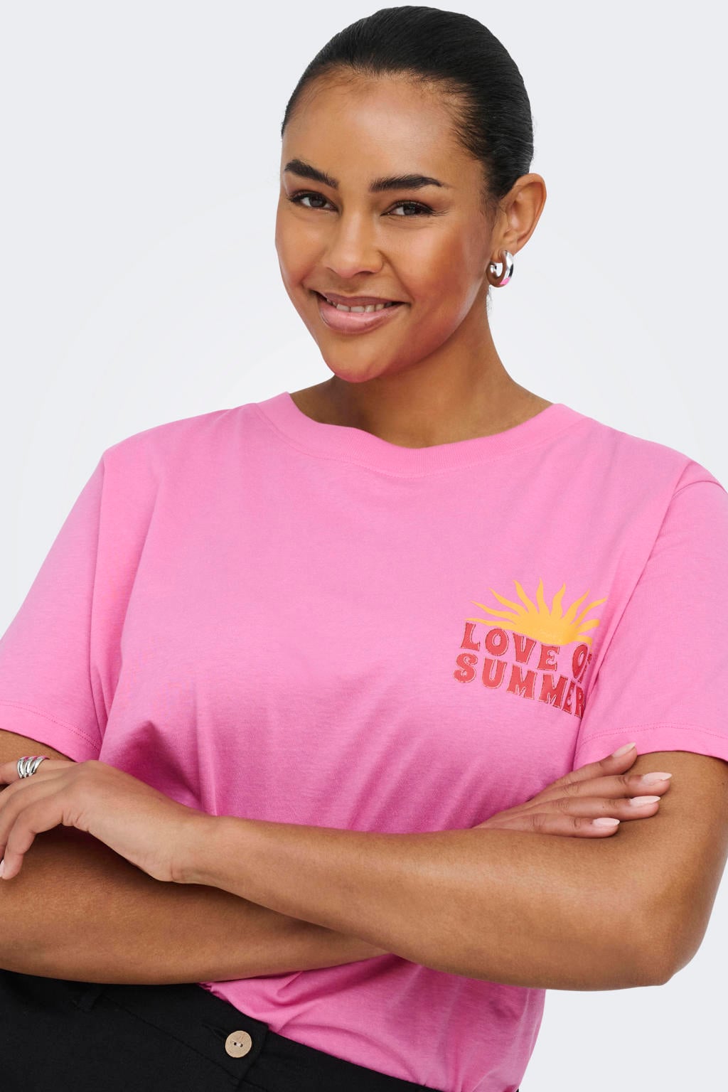 Roze en oranje dames ONLY CARMAKOMA T-shirt van katoen met backprint, korte mouwen en ronde hals