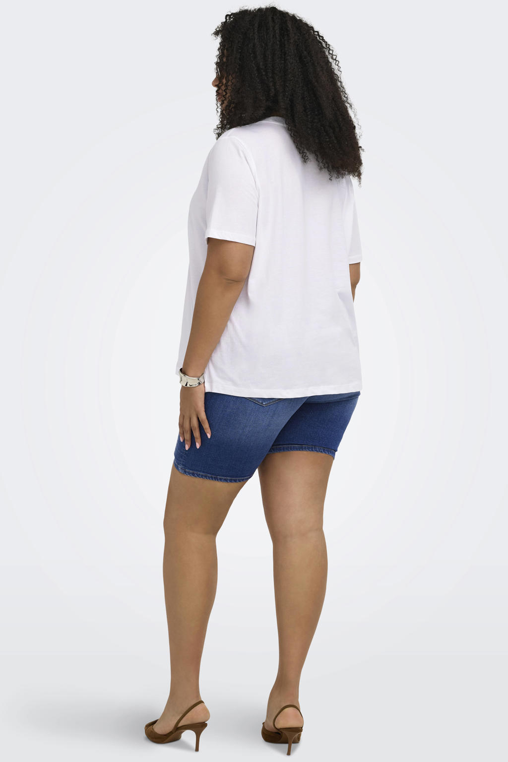 Wit en blauwe dames ONLY CARMAKOMA T-shirt van katoen met backprint, korte mouwen en ronde hals