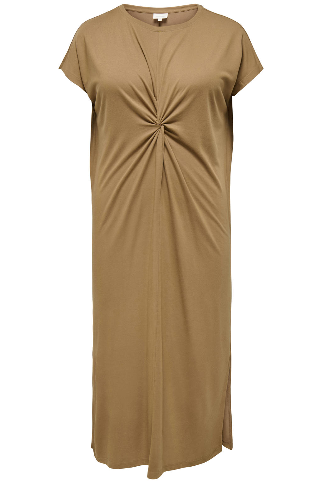 Bruine dames ONLY CARMAKOMA T-shirtjurk zomerjurk van modal met effen, korte mouwen en ronde hals