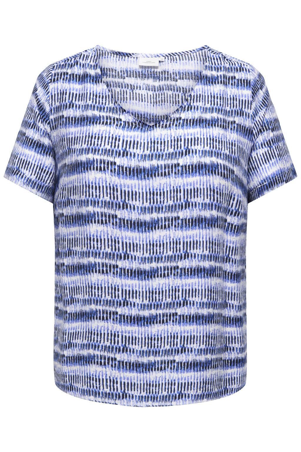 Blauw en ecru dames ONLY CARMAKOMA top van viscose met korte mouwen en V-hals