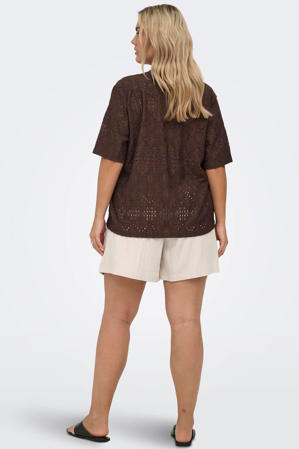Bruine dames ONLY CARMAKOMA top broderie van polyester met effen, korte mouwen en V-hals
