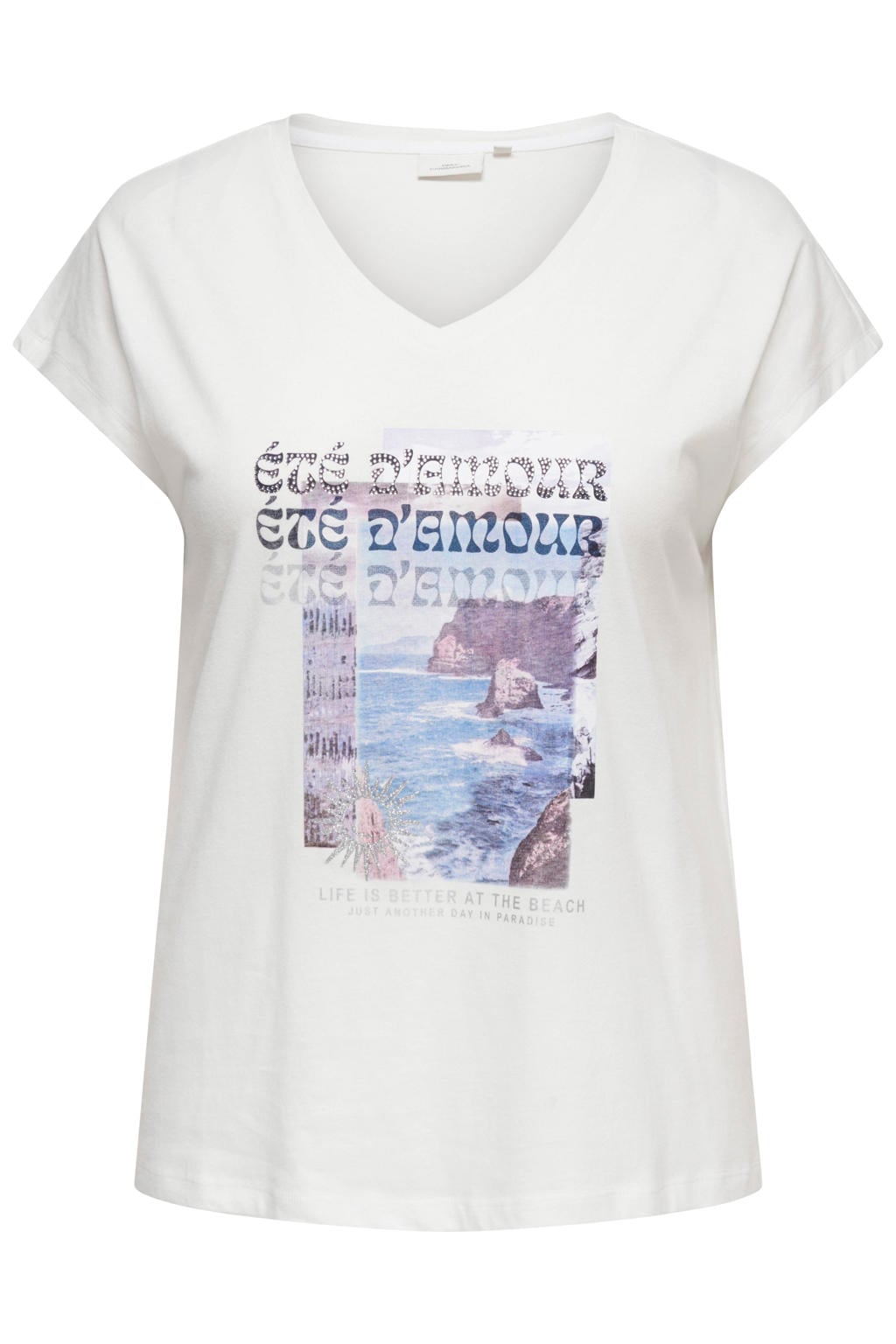 Wit en blauwe dames ONLY CARMAKOMA T-shirt van katoen met printopdruk, korte mouwen en V-hals