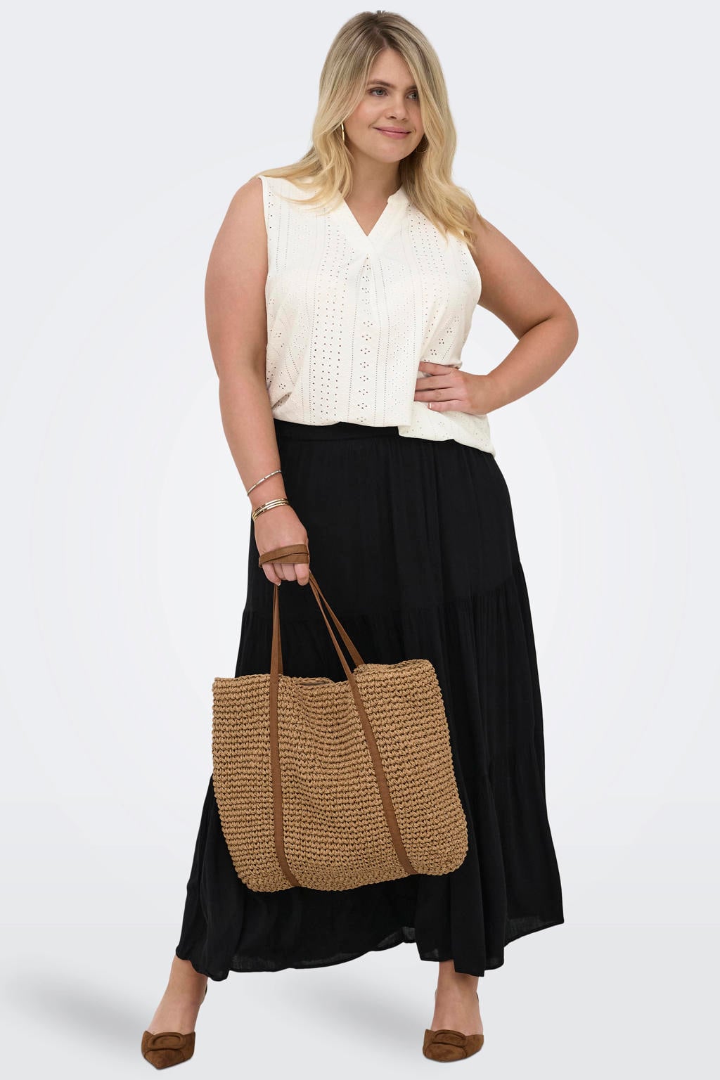 Witte dames ONLY CARMAKOMA blousetop broderie van polyester met effen en V-hals