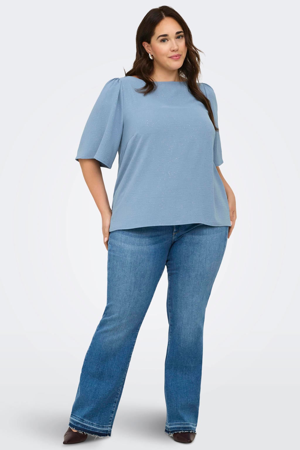 Lichtblauwe dames ONLY CARMAKOMA glitter top van polyester met effen, korte mouwen, ronde hals en geweven detail