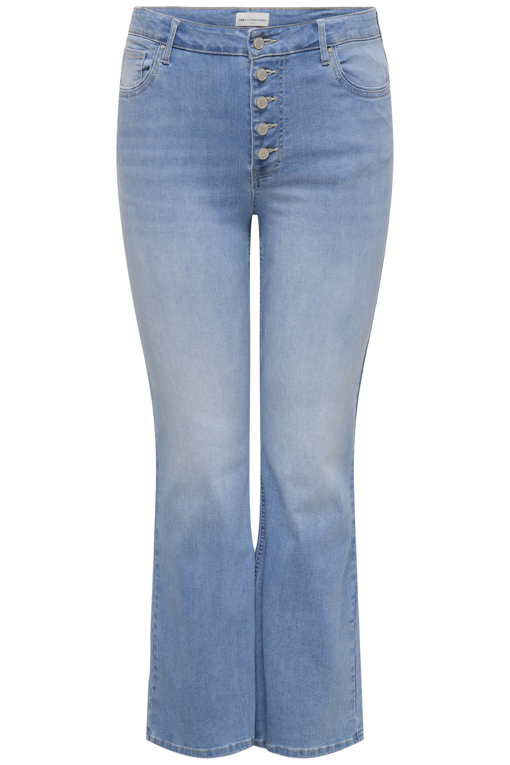 Light blue denim dames ONLY CARMAKOMA Carlauren Hw Push Up Flared Dnm Cot718 high waist bootcut jeans met rits- en knoopsluiting en effen