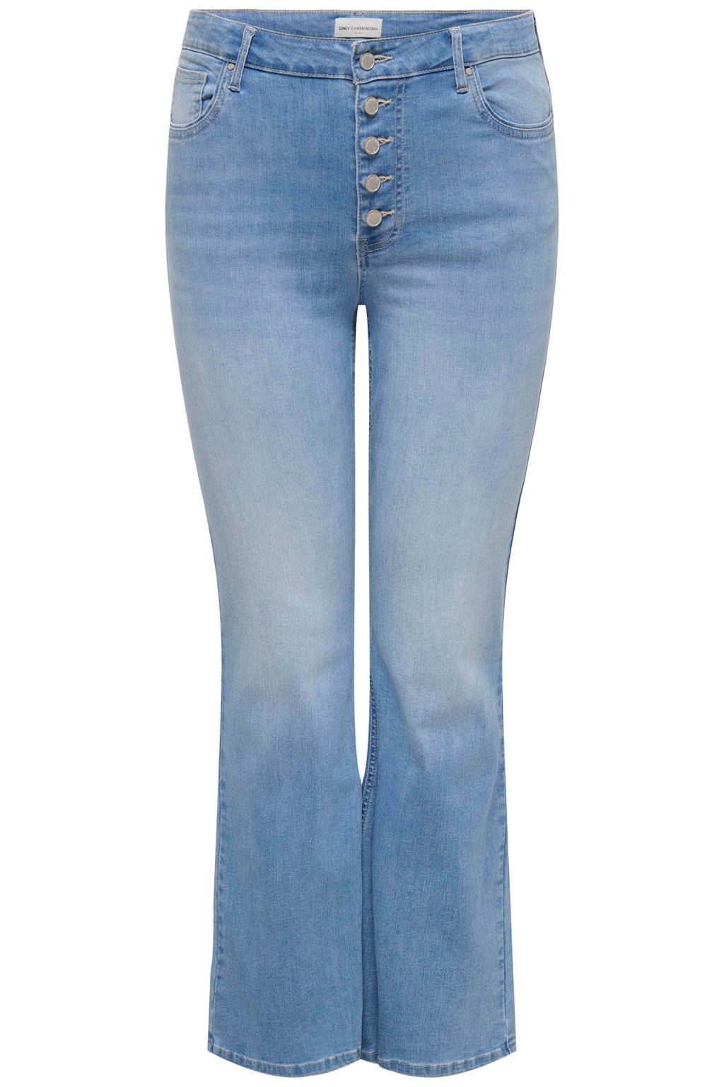 Light blue denim dames ONLY CARMAKOMA Carlauren Hw Push Up Flared Dnm Cot718 high waist bootcut jeans met rits- en knoopsluiting en effen