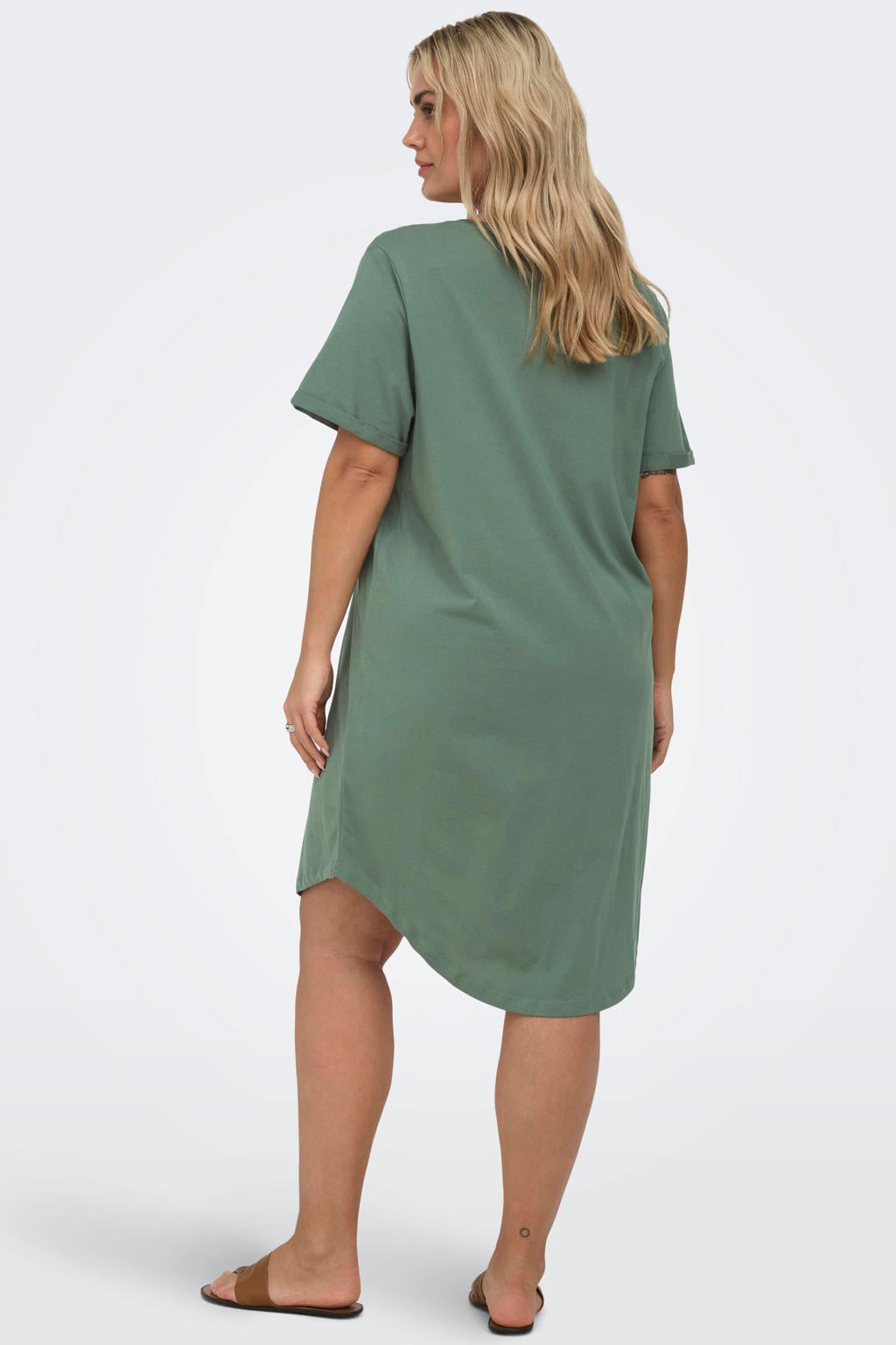 Groene dames ONLY CARMAKOMA T-shirtjurk van katoen met effen, korte mouwen en ronde hals