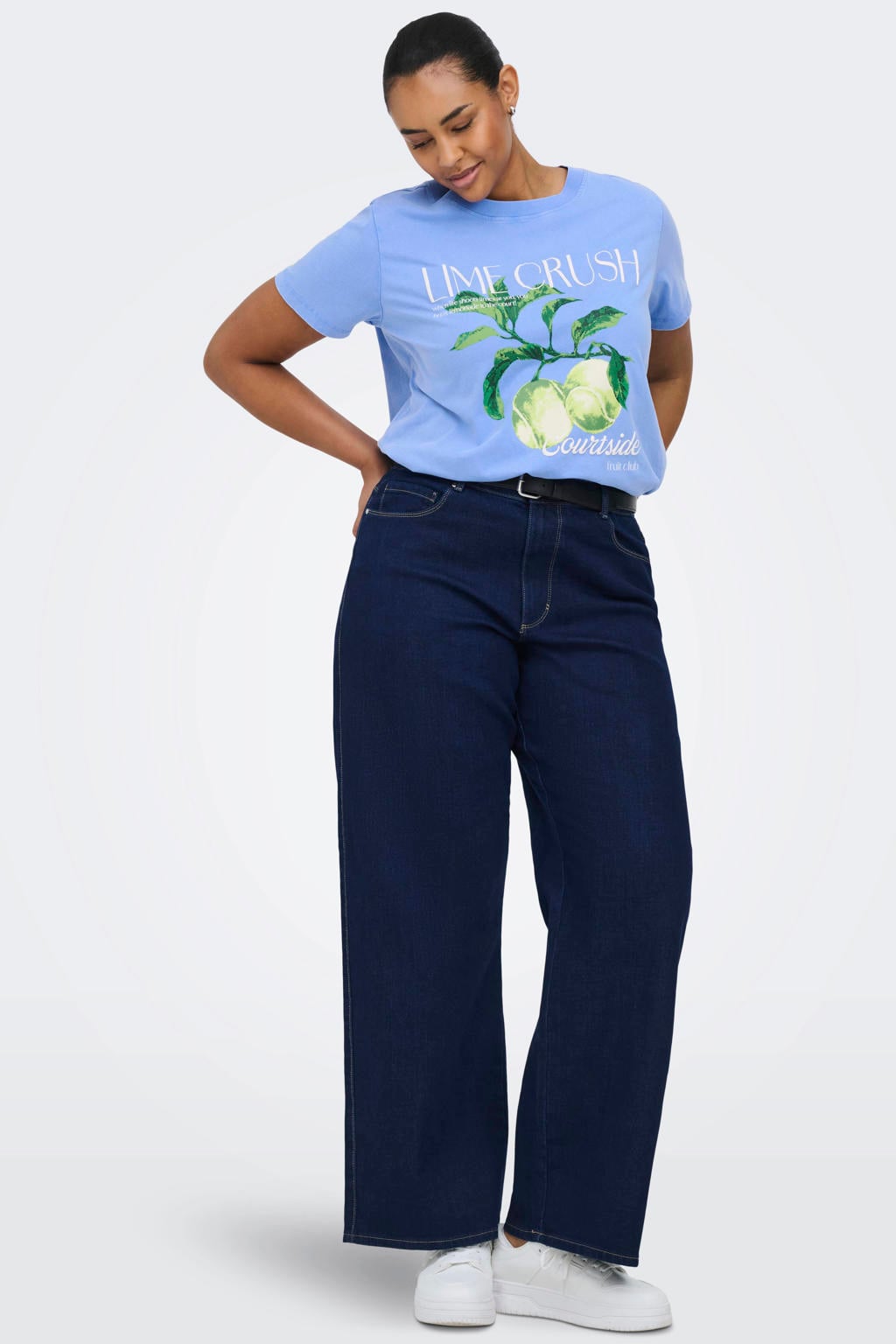 Blauwe dames ONLY CARMAKOMA T-shirt van katoen met printopdruk, korte mouwen en ronde hals