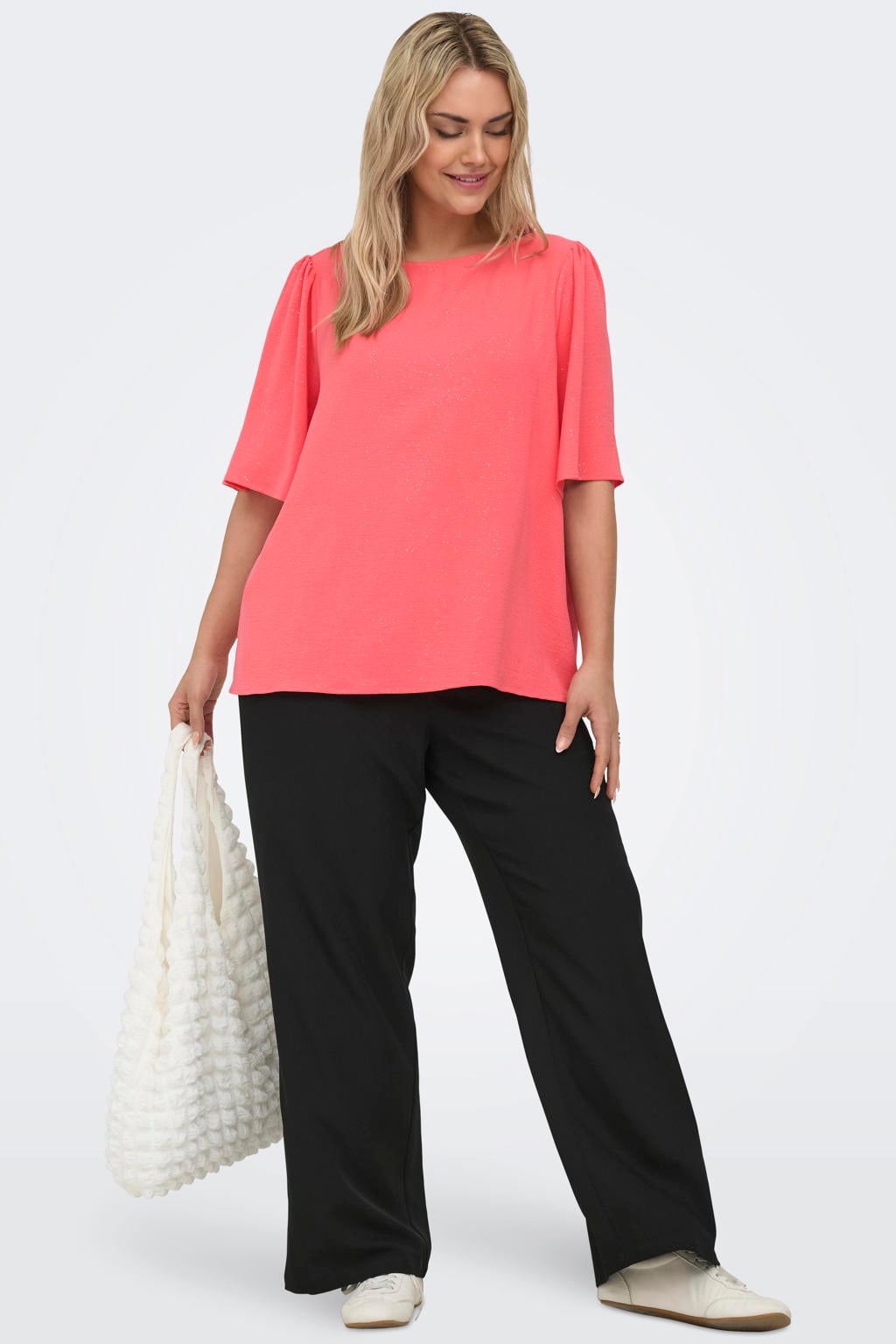 Koraalrode dames ONLY CARMAKOMA glitter top van polyester met effen, korte mouwen, ronde hals en geweven detail
