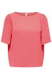 thumbnail: Koraalrode dames ONLY CARMAKOMA glitter top van polyester met effen, korte mouwen, ronde hals en geweven detail