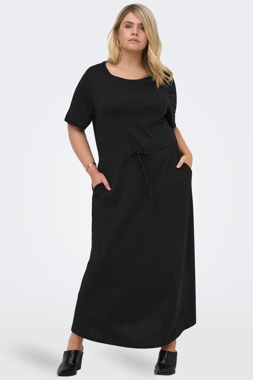 Zwarte dames ONLY CARMAKOMA T-shirtjurk van katoen met effen, korte mouwen, ronde hals en trekkoorden