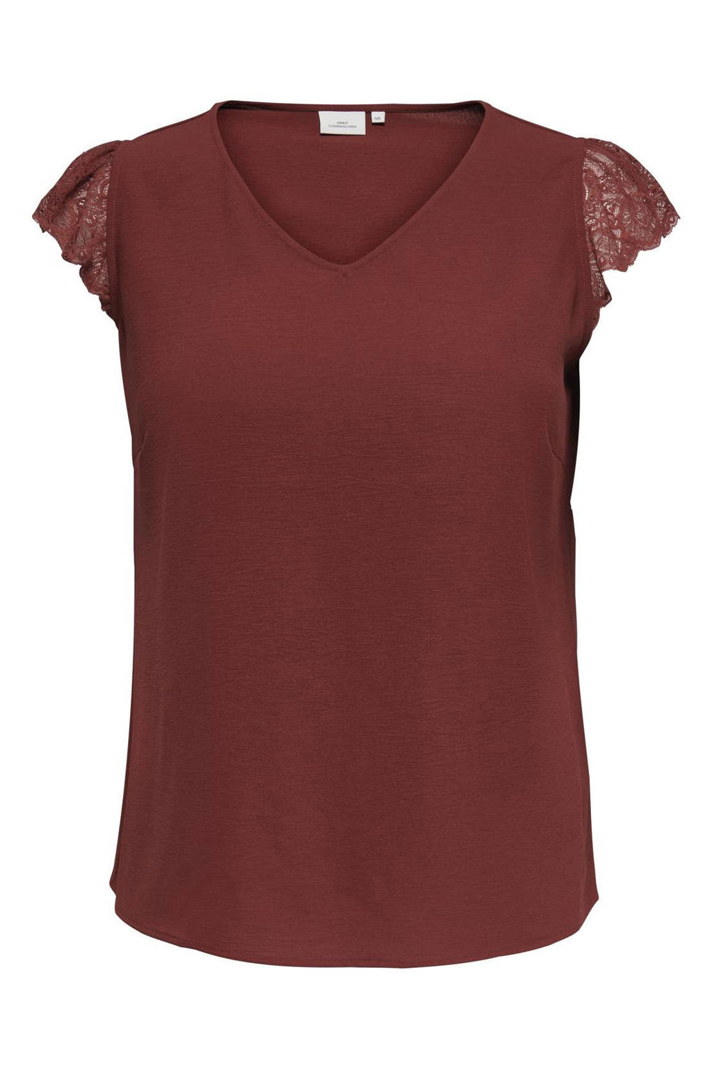 Roodbruine dames ONLY CARMAKOMA top bruin van polyester met effen, ronde hals en geweven detail