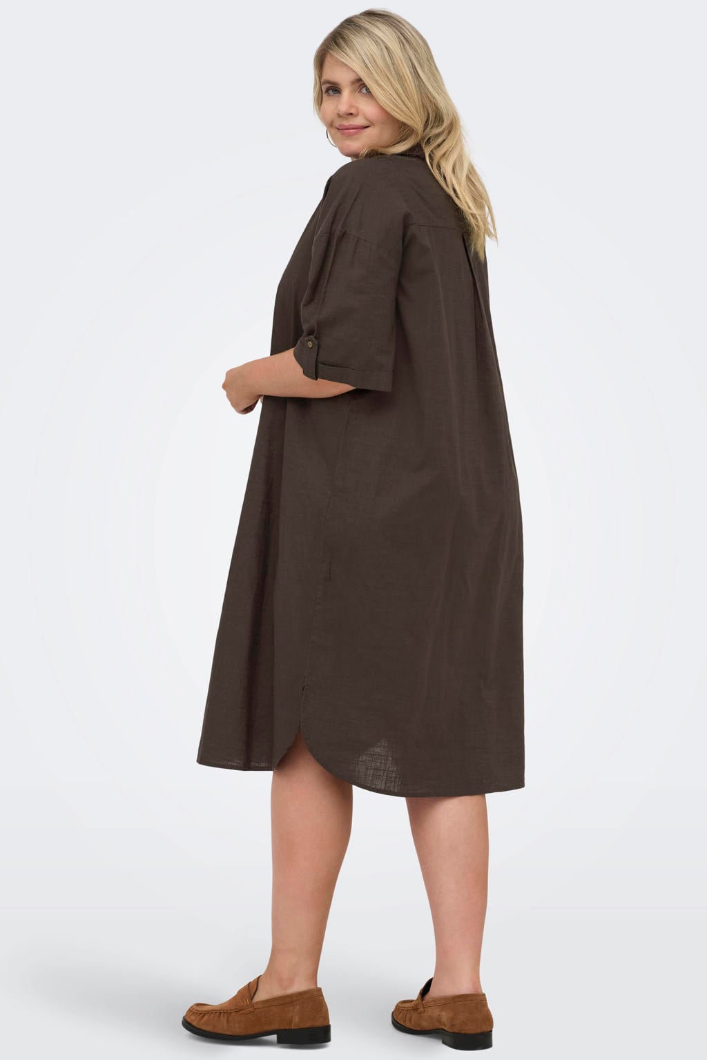 Donkerblauwe dames ONLY CARMAKOMA blousejurk van katoen met effen, half lange mouwen, klassieke kraag, knoopsluiting en geweven detail