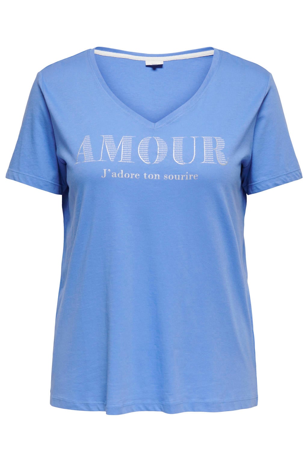 Blauwe dames ONLY CARMAKOMA T-shirt van katoen met tekst print, korte mouwen en ronde hals