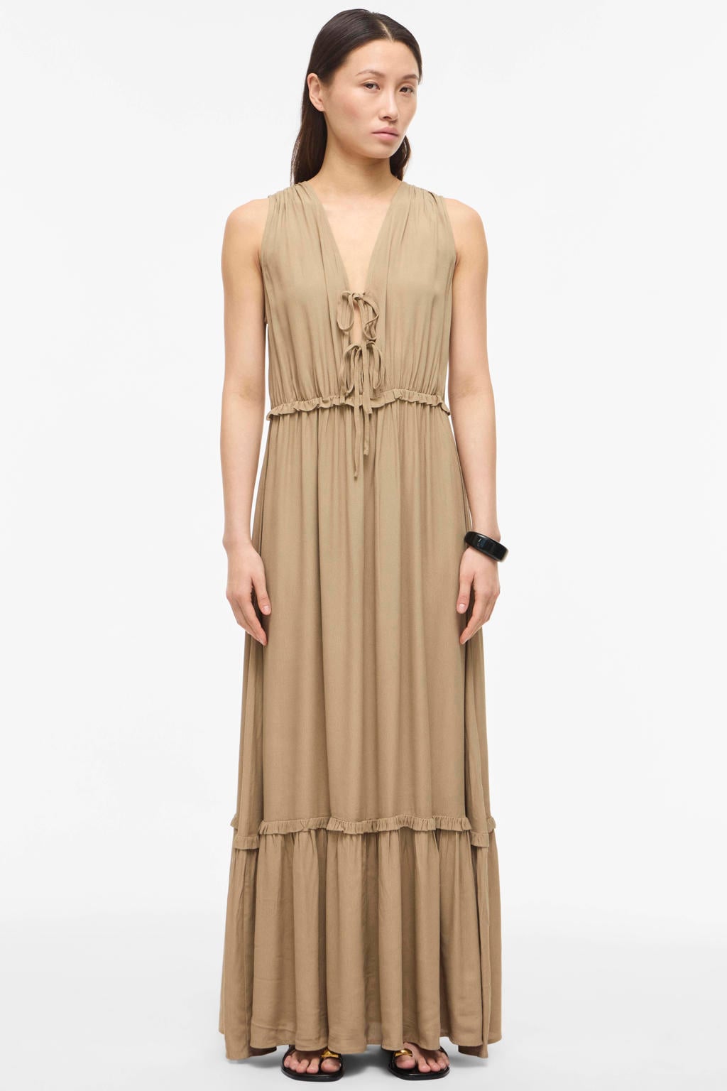 Beige dames ROUGE EDIT maxi jurk van viscose met effen, V-hals, striksluiting en ruches