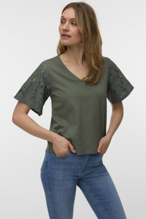 T-shirt broderie donkergroen