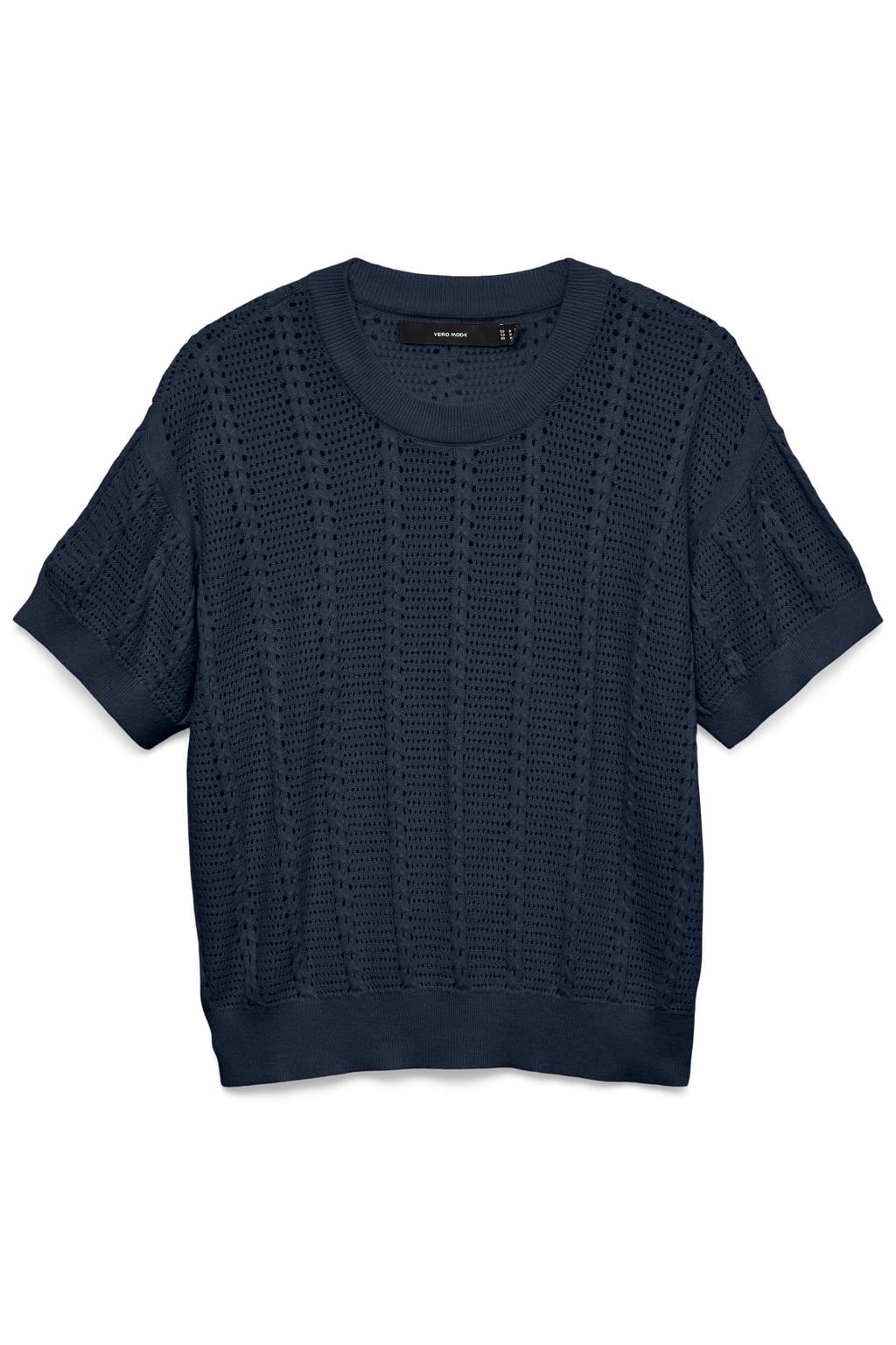 Donkerblauwe dames VERO MODA top ajour met effen, korte mouwen en ronde hals