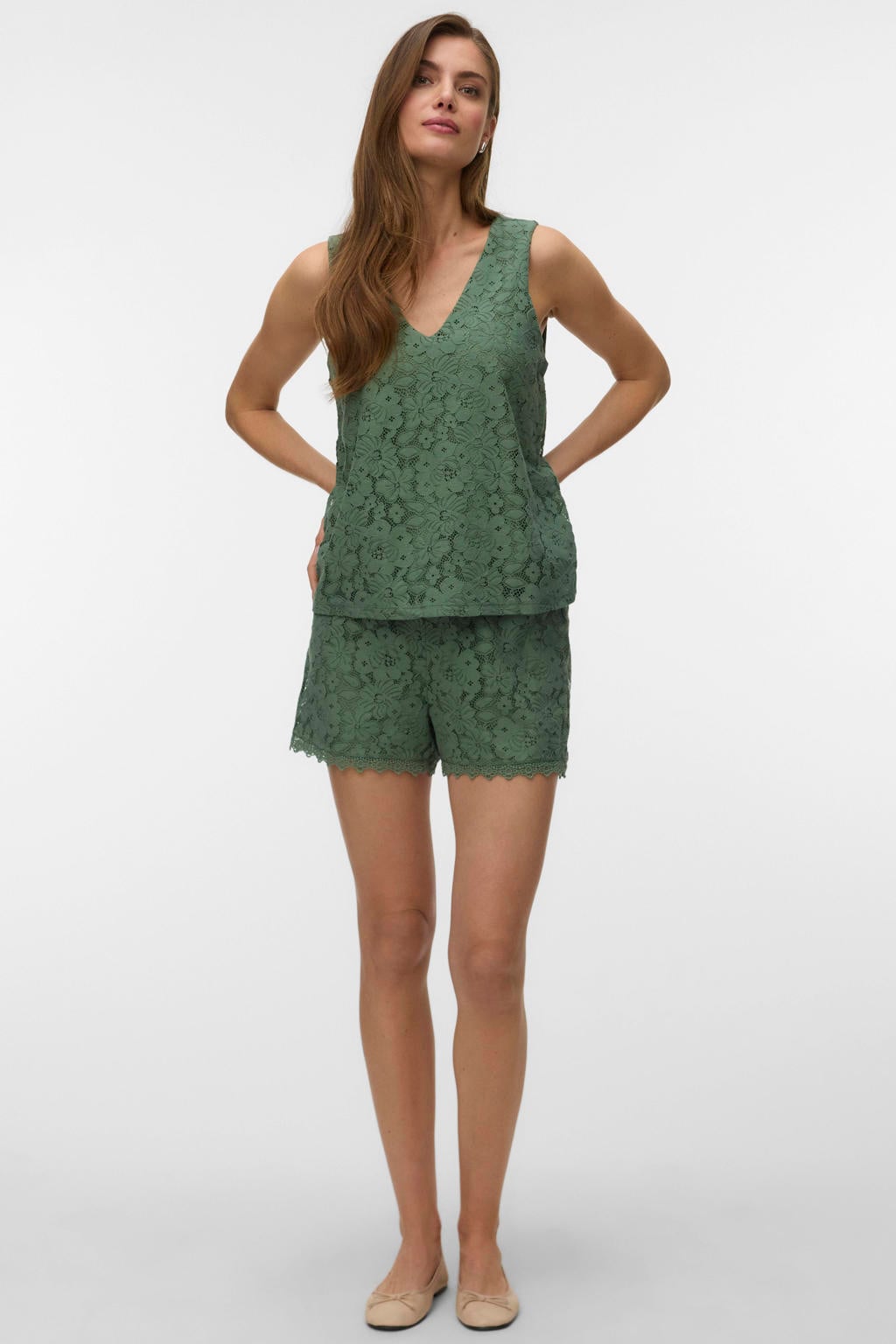 Groene dames VERO MODA top met effen, V-hals en kant