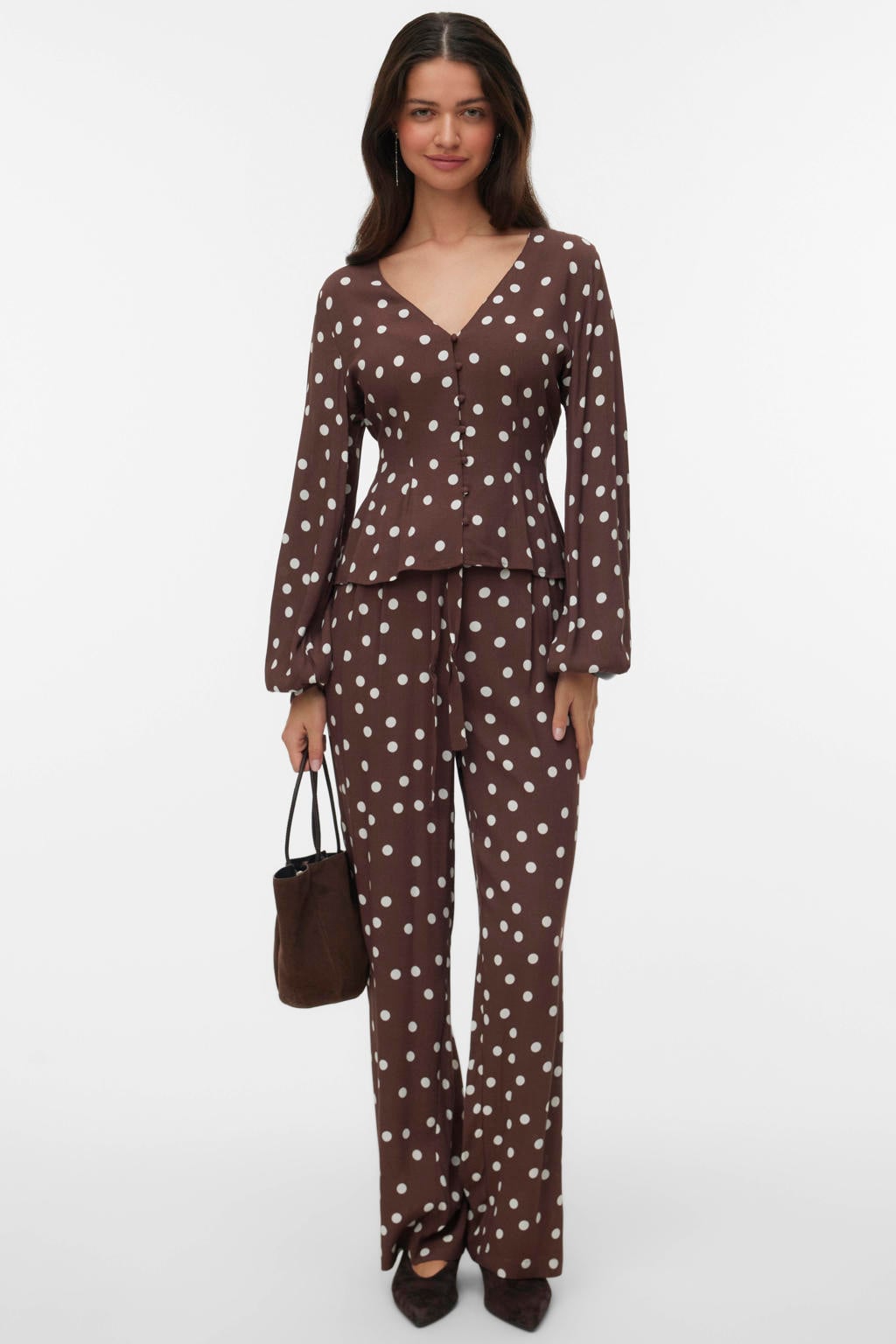 Donkerbruin en ecru dames VERO MODA straight regular waist casual broek van viscose met elastische inzet