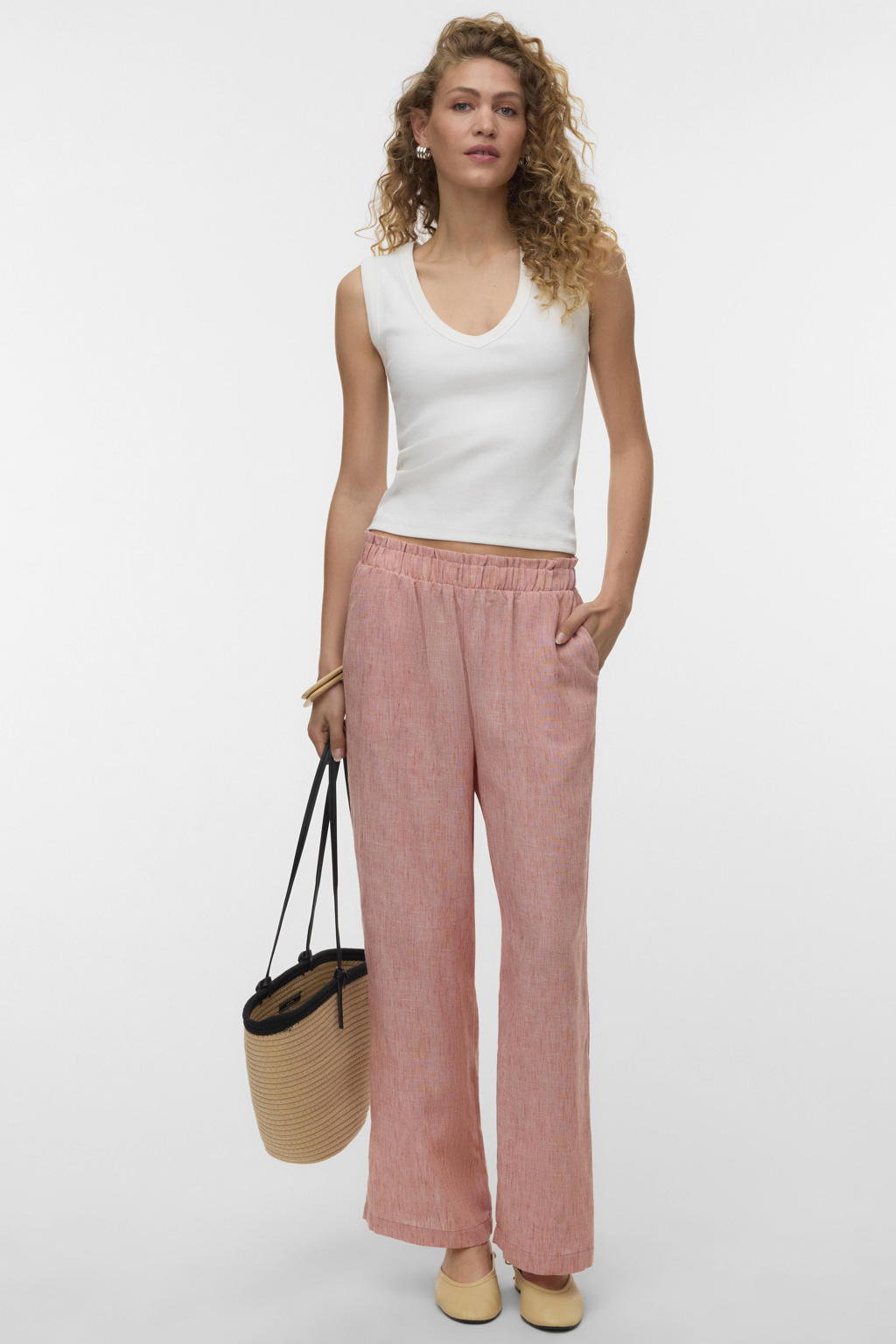 Terracottakleurige dames VERO MODA wide leg high waist casual broek met effen