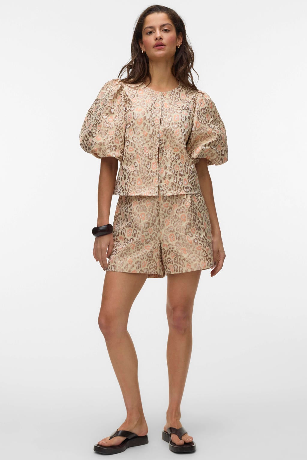 Goud en ecru dames VERO MODA top van polyester met korte mouwen, ronde hals en jacquard