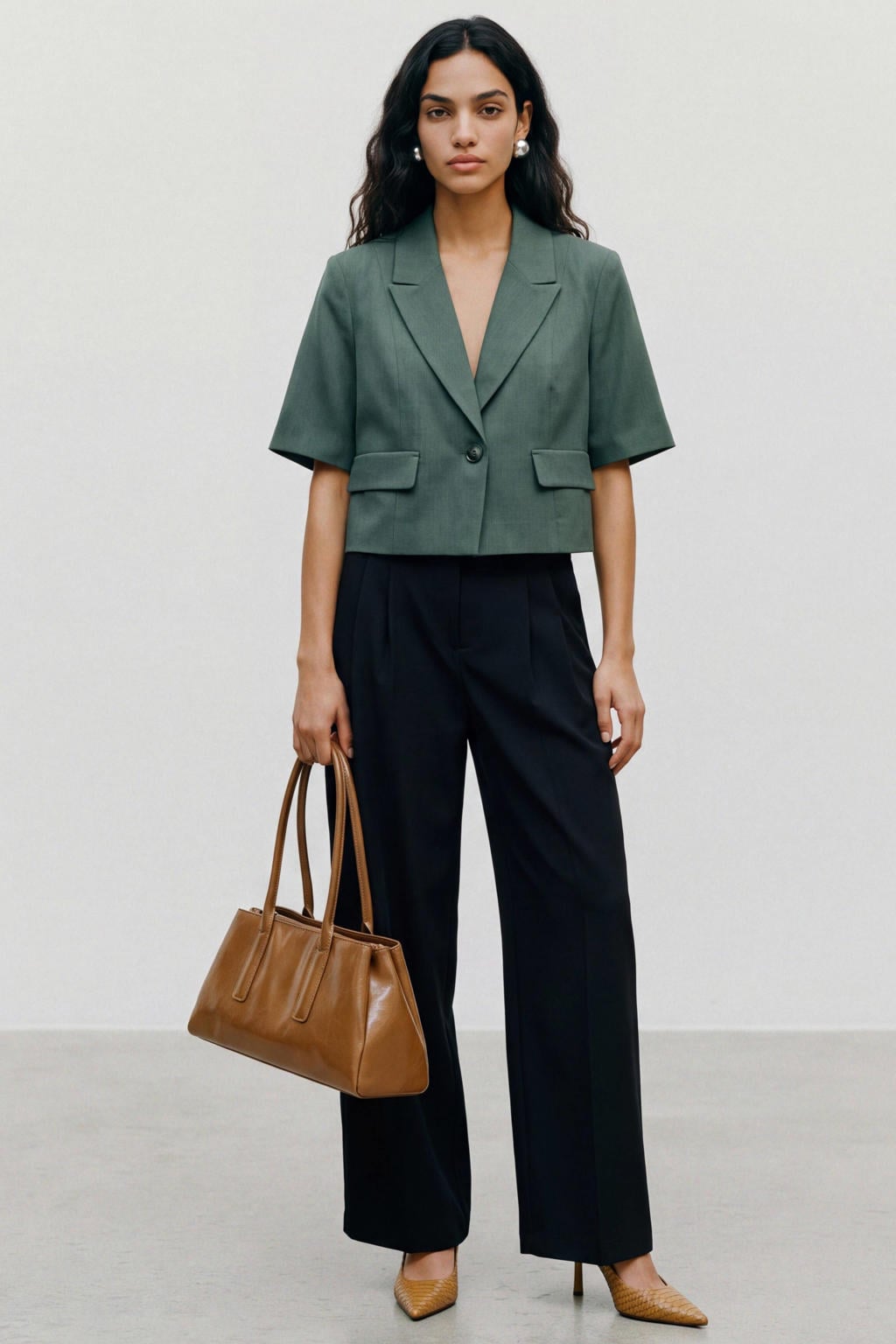 Groene dames VERO MODA cropped blazer van modal met effen, korte mouwen, reverskraag, knoopsluiting en geweven detail