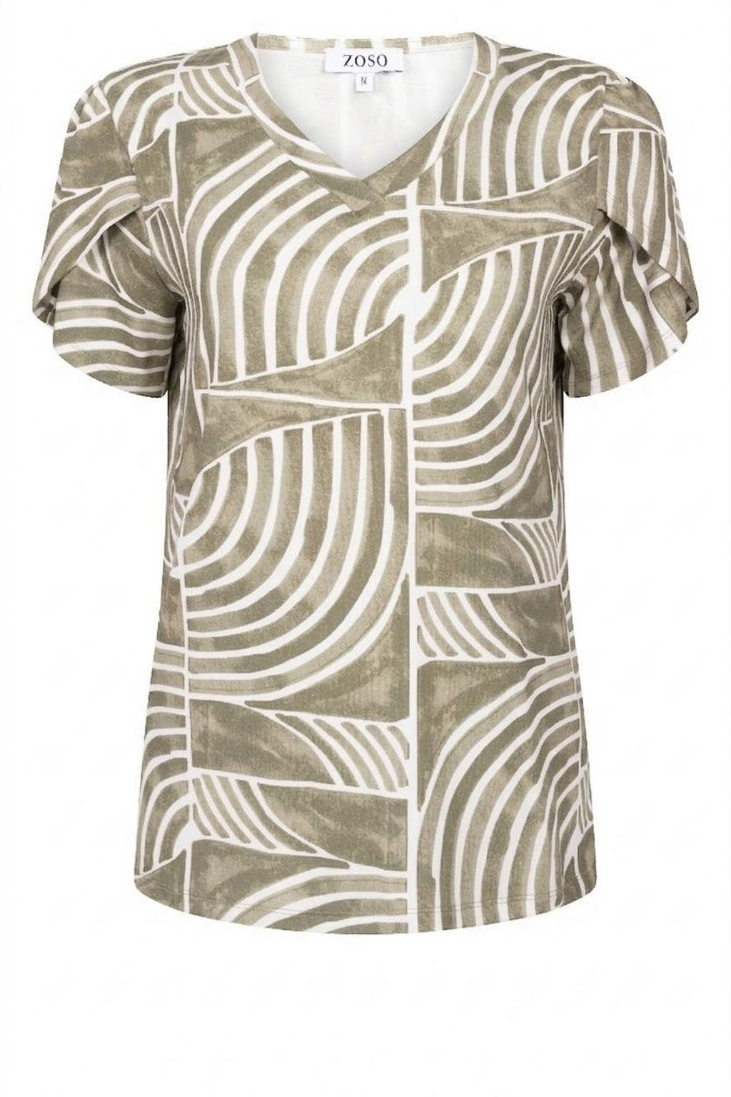 Taupe en witte dames Zoso top van viscose met korte mouwen en V-hals