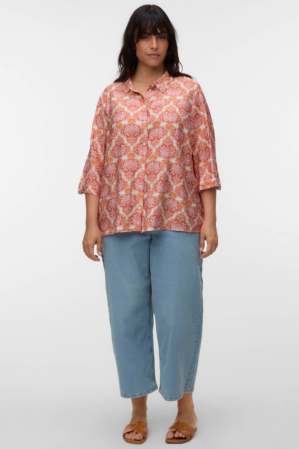 Oranje en roze dames VERO MODA CURVE blouse van viscose met half lange mouwen, klassieke kraag, knoopsluiting en oprolfunctie