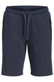 thumbnail: Donkerblauwe jongens JACK & JONES JUNIOR slim sweatshort met elastische tailleband met koord en effen