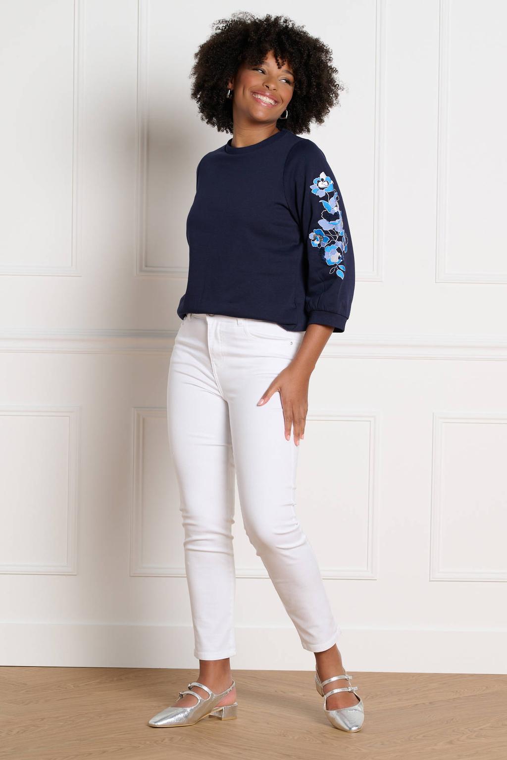 Blauwe dames LOLALIZA gebloemde sweater van katoen met lange mouwen en ronde hals