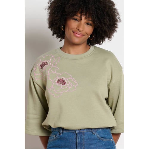LOLALIZA gebloemde sweater lichtkaki afbeelding