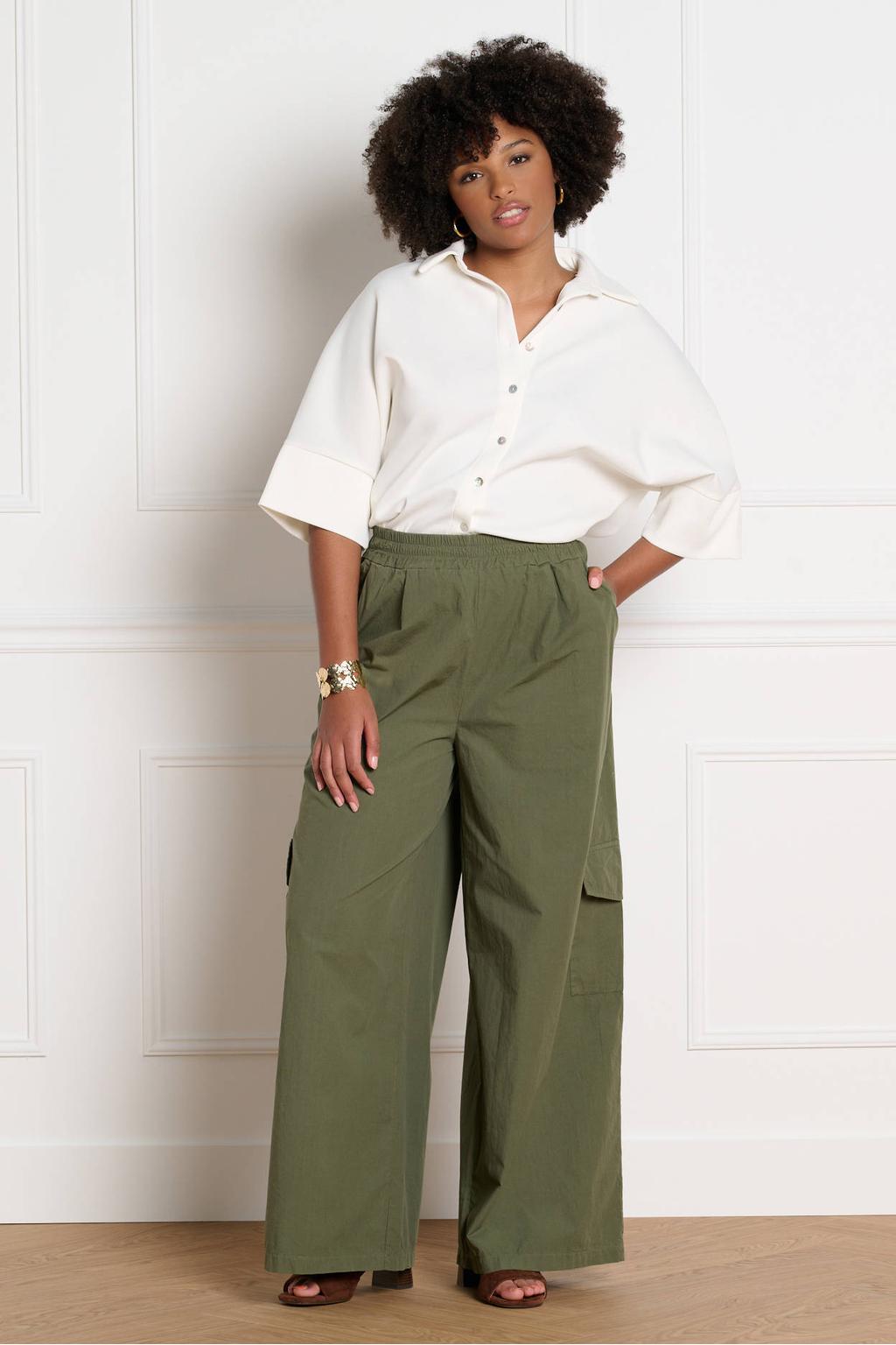 Kakikleurige dames LOLALIZA wide leg regular waist cargobroek met effen