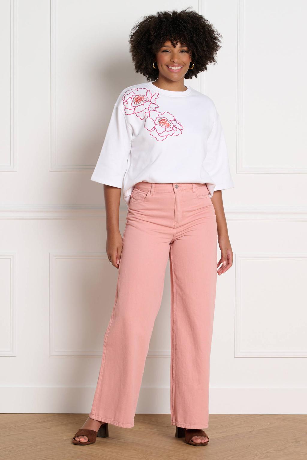 Lichtroze dames LOLALIZA wide leg jeans van denim met rits- en knoopsluiting en effen