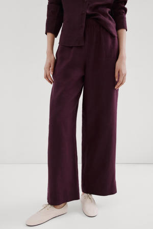wide leg high waist broek met linnen donkerpaars