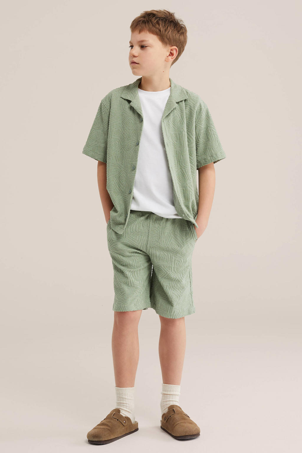 Groene jongens WE Fashion casual overhemd van katoen met effen, korte mouwen, klassieke kraag, knoopsluiting en textuur