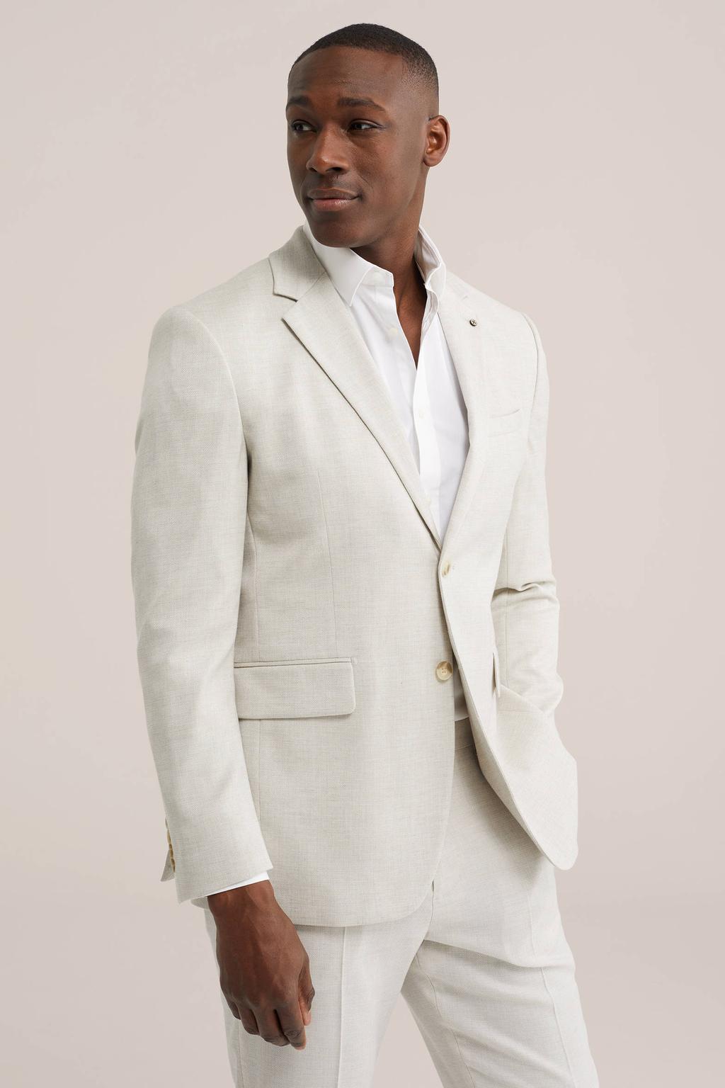Beige heren WE Fashion colbert van polyester met effen, V-hals en knoopsluiting