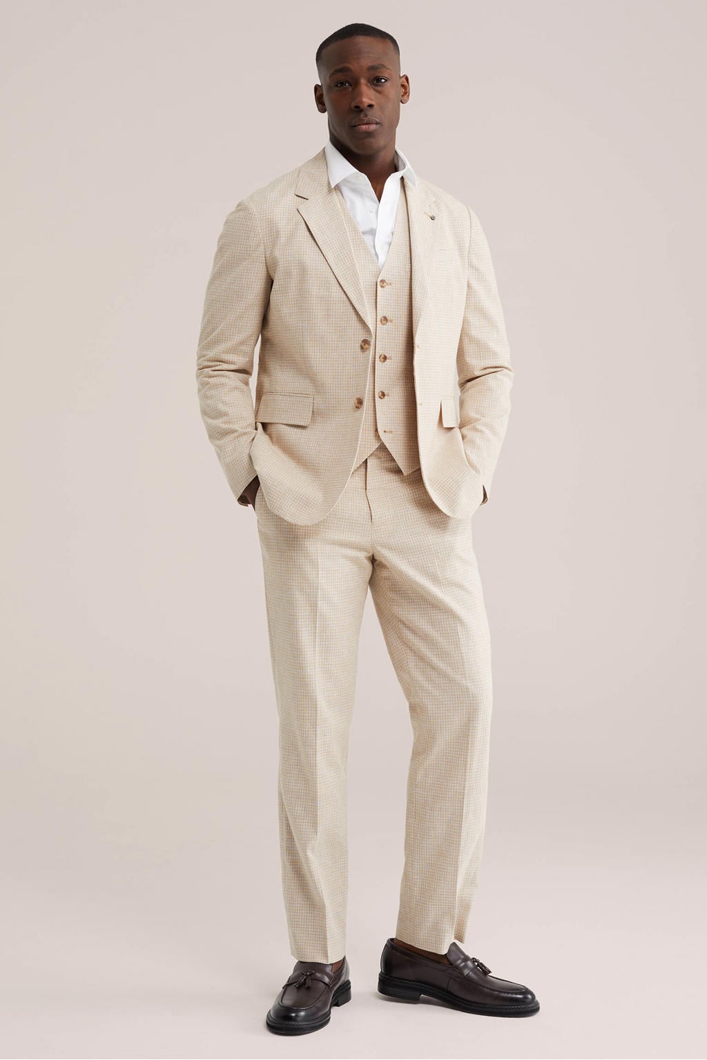 Beige heren WE Fashion colbert van linnen met V-hals en knoopsluiting