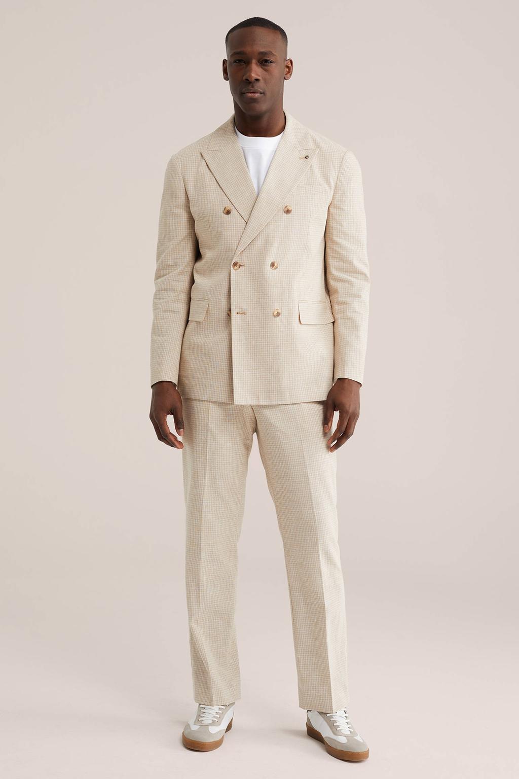 Beige heren WE Fashion geruit colbert van katoen met V-hals en double breasted sluiting