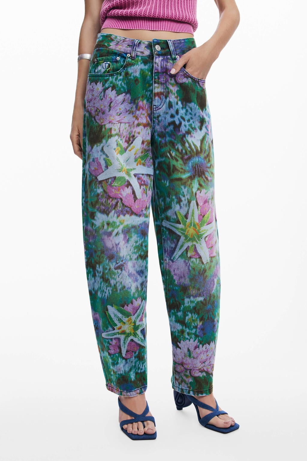 Multikleurige dames Desigual gebloemde barrel jeans van denim met regular waist en rits- en knoopsluiting