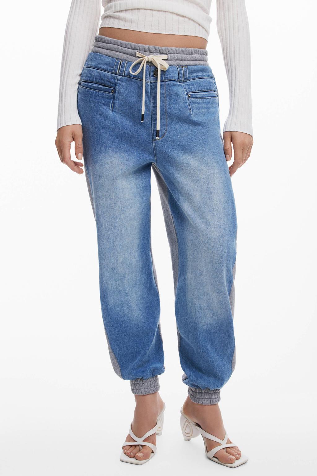Medium blue denim dames Desigual barrel regular waist casual broek van katoen met elastische tailleband met koord en effen