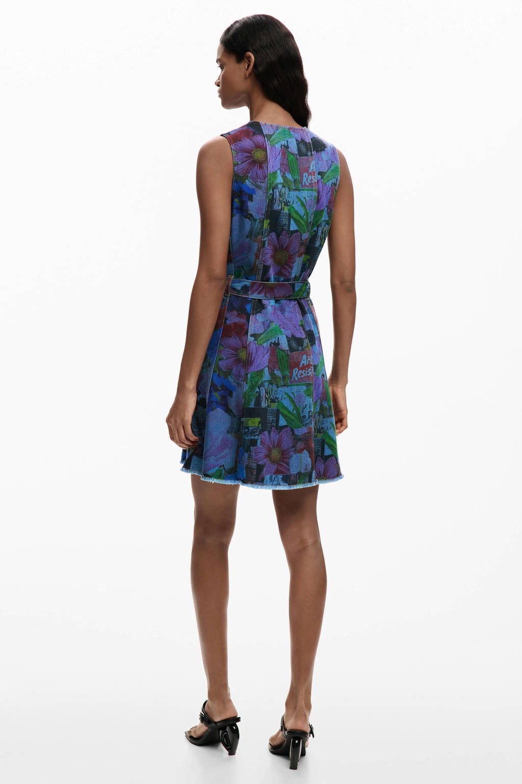 Multikleurige dames Desigual korte jurk color van lyocell met V-hals en knoopsluiting