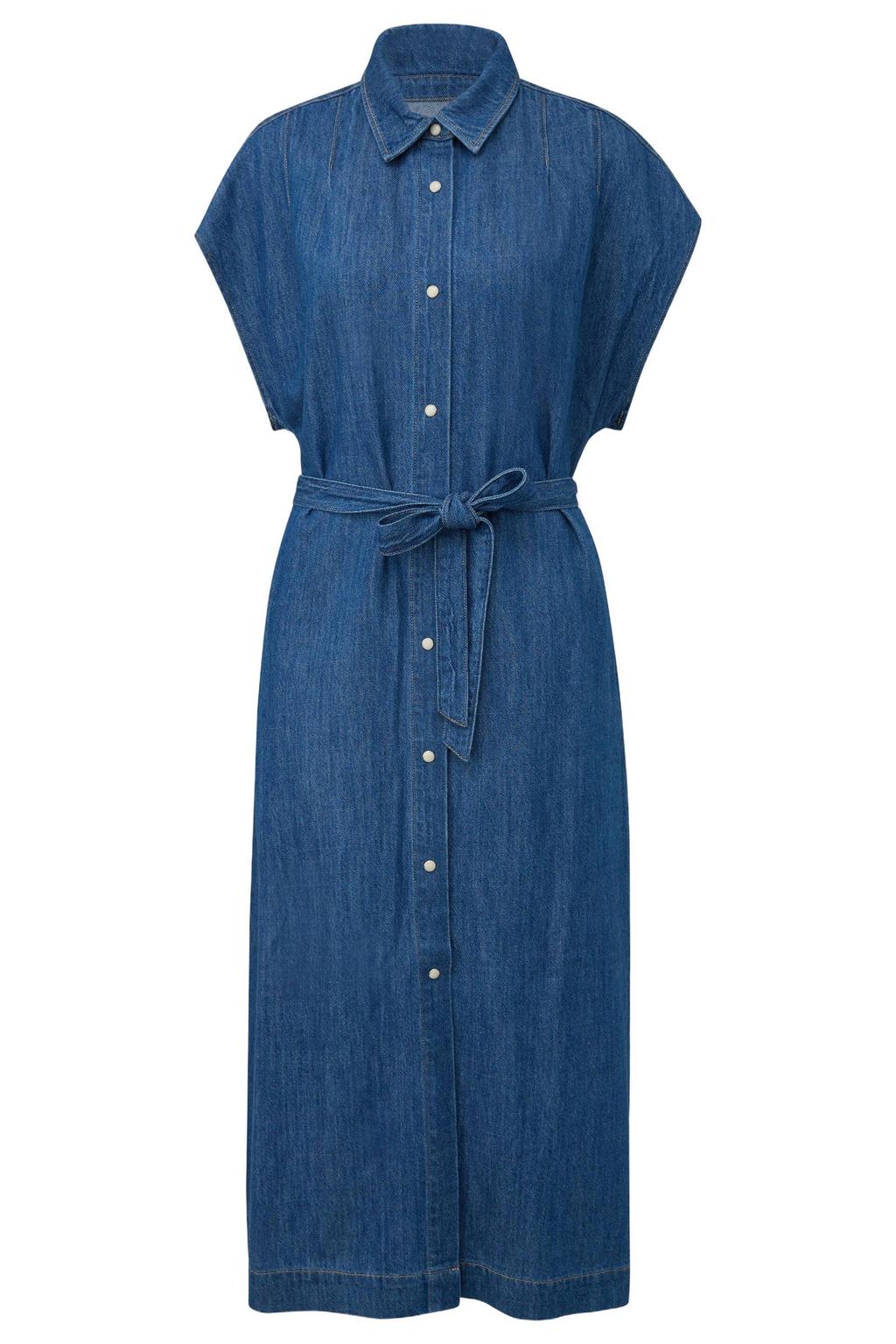 Dark blue denim dames s.Oliver spijkerjurk van denim met effen, korte mouwen, klassieke kraag, knoopsluiting en ceintuur